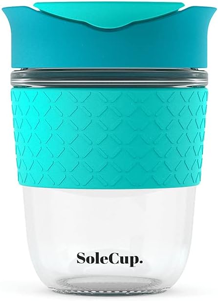 Reusable Strengthened Glass Travel Cup - Spill Proof Insulated Coffee Mug - 12oz/340ml BPA-Free Hot Drink Travel Mug with Lid & Silicone Band (Blue, 12oz)