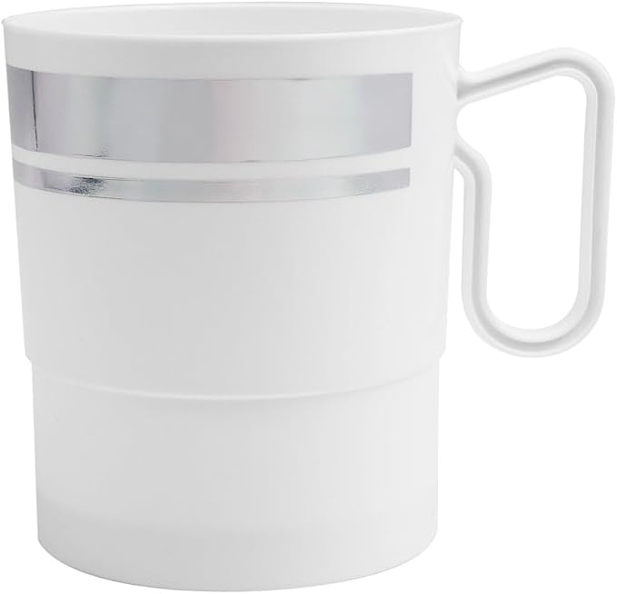 Party Essentials 8-Ounce Hard Plastic Coffee Cup/Tea Mug with Handle, 20-Count, White W/Silver Rim by PartyEssentials