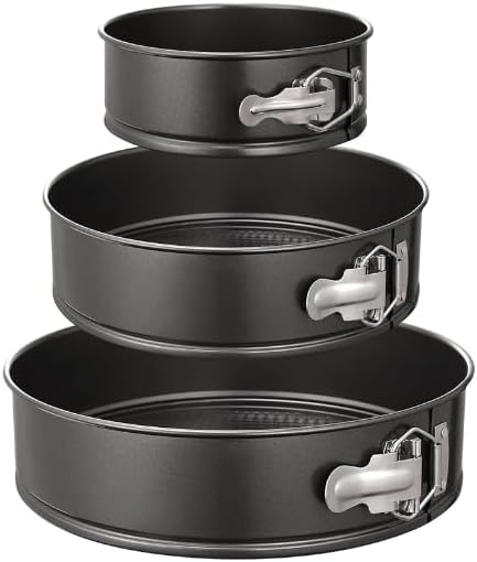 Springform Cheesecake Pan Set, 4/7/9 Inch, Removable Bottoms | 3 nonstick carbon steel pans with spring locks, removable bottoms, 50 liners, silicone spatula and pastry brush for baking by Unknown