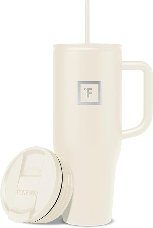 IRON °FLASK 40 oz Co-Pilot Insulated Travel Mug | Insulated Travel Mug with Straw & Flip Cap Lids - Cup Holder Fit, Leakproof, BPA Free (Cashmere Cream) by IronFlask