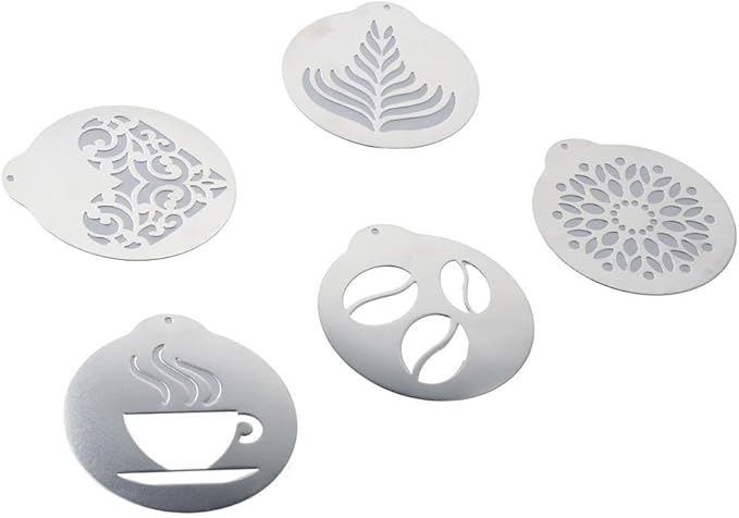 5Pcs Stainless Steel Coffee Decorating Stencils Metal Foam Latte Art Templates, Reusable Barista Cappuccino Chocolate Templates Coffee Garland Mould Cake Decorating Tool