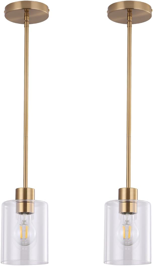 Brass Pendant Lights Kitchen Island,Modern Farmhouse Clear Glass Pendant Light,Gold Light Fixture Kitchen Pendant Mini Hanging Light Fixture for Sink (Brass 2 Pack stem Rod) by KLSSLighting