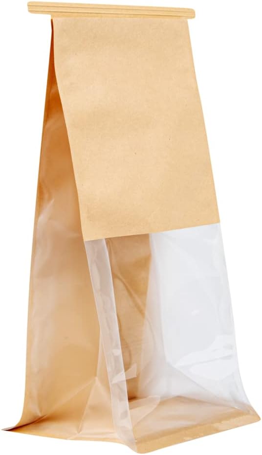 Bag Tek 5.1 x 4.1 x 11.2 Inch Tin Tie Bags With Windows, 100 Resealable Bakery Bags With Windows - Flat Bottom, For Cookies or Coffee Beans, Kraft Cotton Paper Tin Tie Bags - Restaurantware - Image 2
