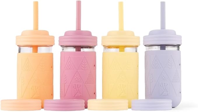 Elk and Friends Kids + Toddler Glass Cups | The Original 12oz Glass Mason Jar with Sleeves + Lids | Silicone Straws + Stopper | Smoothie Cup | Food Storage | Spill Resistant | Dishwasher Safe | 4 Pack