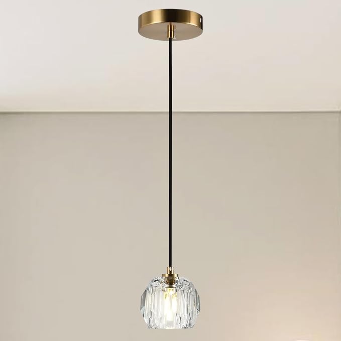 Modern Pendant Light, Brushed Brass Pendant Light Fixture for Kitchen Island, Small Cut Crystal Single Pendant Lighting for Dining Room Bathroom by Cameena