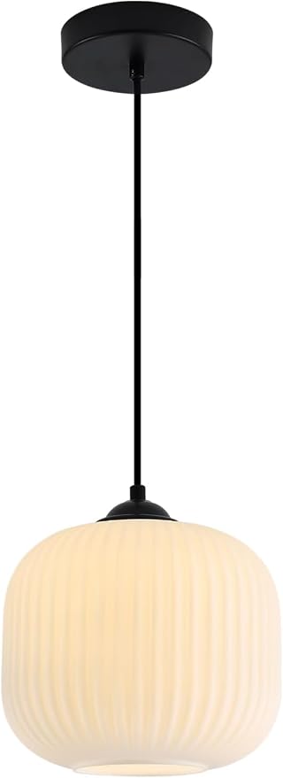 KCO Lighting Small Vintage 7.9” Black White Milk Ribbed Glass Pendant Light | Adjustable Cord E26 Hardwired Mid Century Modern Hanging Light for Sloped Ceilings Kitchen Island Bar Bedroom Dining Room by KCOLighting