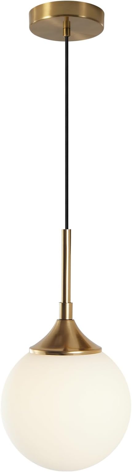 KCO Lighting Modern Brushed Gold 7.1” White Milk Glass Globe Pendant Light | E26 Base, Sloped Ceiling, Small 1-Light Adjustable Hanging Ceiling Lamp for Kitchen Island Sink Dining Table Bedroom Bar by KCOLighting