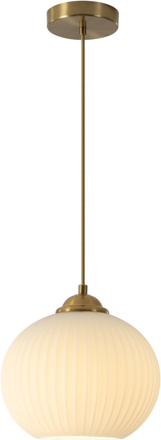 KCO Lighting Modern Brass Gold Globe 7.9” Ribbed Milk Glass Pendant Light | Small E26 Adjustable Cord Hanging Lamp, Mid Century Vintage Ceiling Light Fixture for Kitchen Island Dining Room Bedroom Bar by KCOLighting