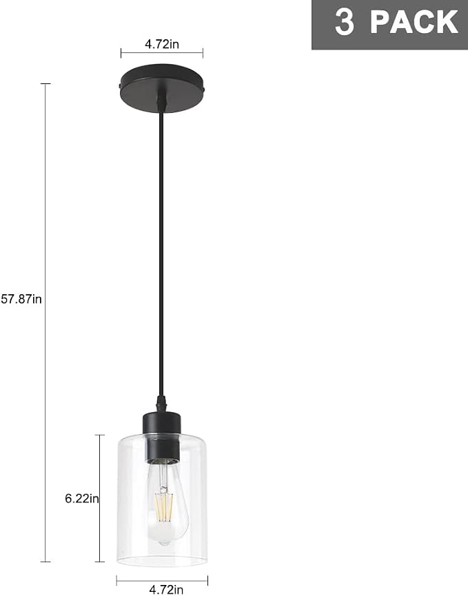 Modern Black Farmhouse Clear Glass Cylinder Pendant Light Fixture,Mini Pendant Lighting for Kitchen Island Decor - 4.75 Inch Shade, 2-58 Inch Cord (Black 3 Pack) - Image 8