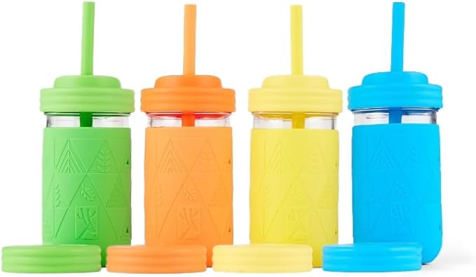 Elk and Friends Kids + Toddler Glass Cups | The Original 12oz Glass Mason Jar with Sleeves + Lids | Silicone Straws + Stopper | Smoothie Cup | Food Storage | Spill Resistant | Dishwasher Safe | 4 Pack