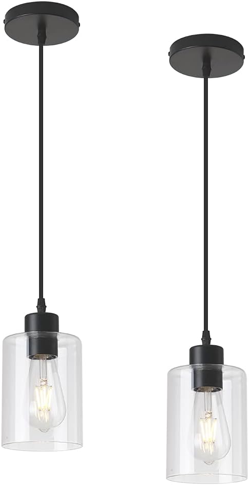 Modern Black Farmhouse Clear Glass Cylinder Pendant Light Fixture,Island Lights for Kitchen,Mini Pendant Lighting for Kitchen Island Decor - 4.75 Inch Shade 58 Inch Cord (Black 2 Pack) by KLSSLighting