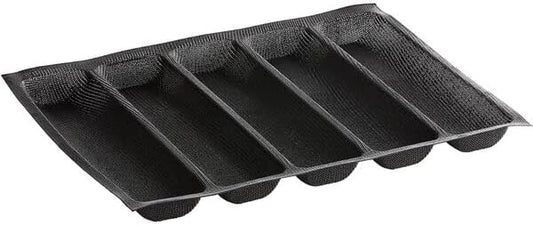 5-Compartment Sub Sandwich Silicone Bread Mold, Black Fiberglass Mesh, 18x13 Inch Pan with 12x3 Inch Cavities, Non-Stick Baking Loaf Pan