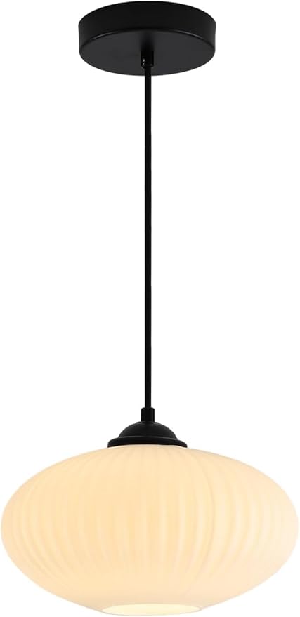 KCO Lighting Matte Black Lantern Pendant Light with 9.8” White Ribbed Glass | Adjustable Cord E26 Hardwired Mid Century Modern Farmhouse Hanging Light for Kitchen Island Dining Living Room Bar Bedroom by KCOLighting
