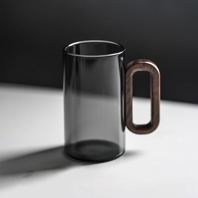 Borosilicate Glass Coffee Mug with Walnut Handle - 12oz Elegant Black Tumbler for Hot & Cold Drinks, Modern Office Tea Cup, Dishwasher Safe, 2.76" Diameter (360ml)