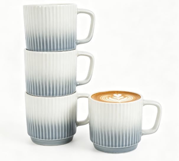 8 oz Stackable Coffee Mugs Set of 4, Ceramic Coffee Mug Cappuccino Cups | Coffee Cup for Hot Drinks, Latte, Cocoa & Tea, Coffee Mug for Home & Office Use, Birthday Gift for Coffee Lovers, Grey by Seworlan