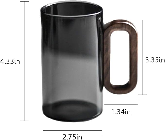 Borosilicate Glass Coffee Mug with Walnut Handle - 12oz Elegant Black Tumbler for Hot & Cold Drinks, Modern Office Tea Cup, Dishwasher Safe, 2.76" Diameter (360ml)