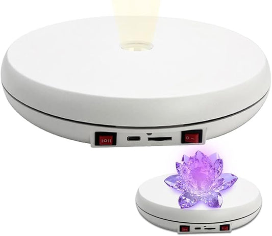 JAYEGT Motorized Rotating Display Stand with LED Light , 10 inch /55lbs Load, 360 Degree Electronic Turntable Display Stand for Photography Products Shows, Jewelry, Watch, 3D Models, Cake (White)