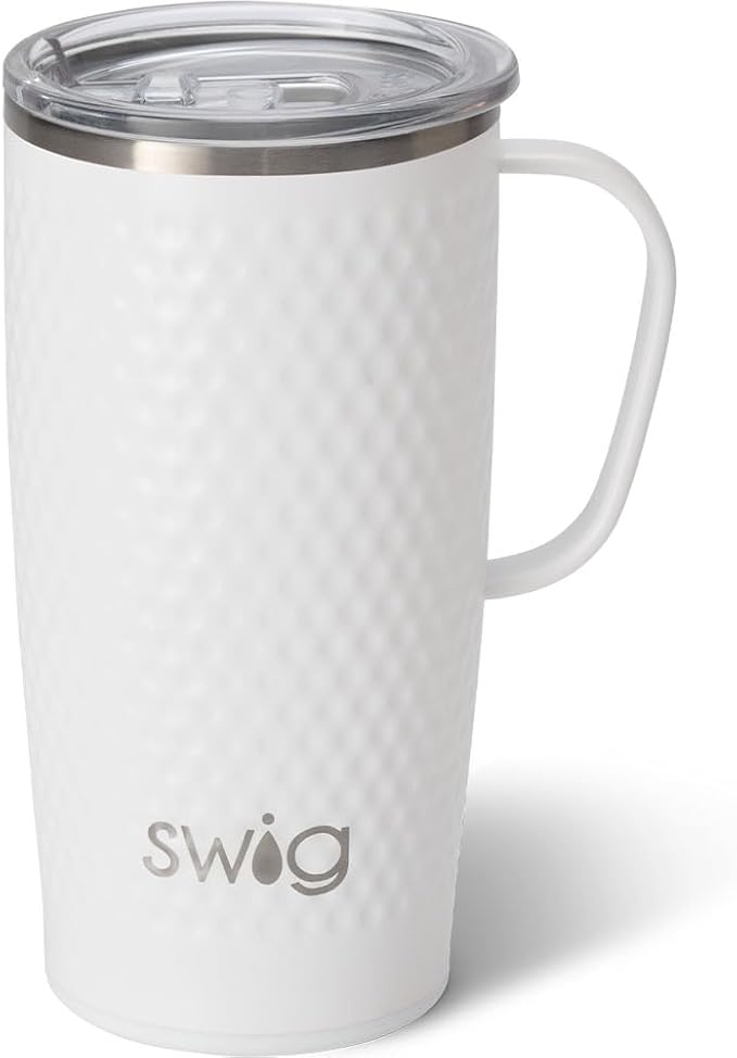 Swig Life 22oz Insulated Travel Mug with Handle & Lid, Golf Ball | Triple Insulated Stainless Steel - Handle & Lid Included - Keeps Coffee Hot or Cold - Cup Holder Friendly by SwigLife