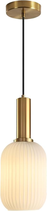 KCO Brushed Brass 5.1” Small White Milk Ribbed Cylinder Glass Pendant Light | E26 Bulb Hardwired, Mid Century Modern Vintage Adjustable Hanging Lamp for Sloped Ceiling Kitchen Island Dining Room Bedroom by KCOLighting