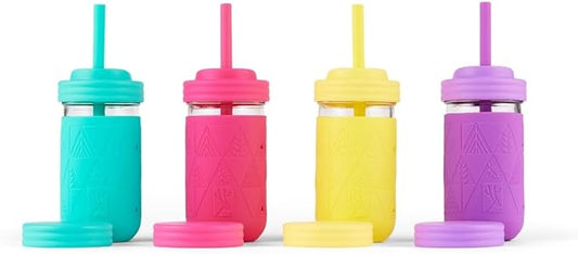 Elk and Friends Kids + Toddler Glass Cups | The Original 12oz Glass Mason Jar with Sleeves + Lids | Silicone Straws + Stopper | Smoothie Cup | Food Storage | Spill Resistant | Dishwasher Safe | 4 Pack
