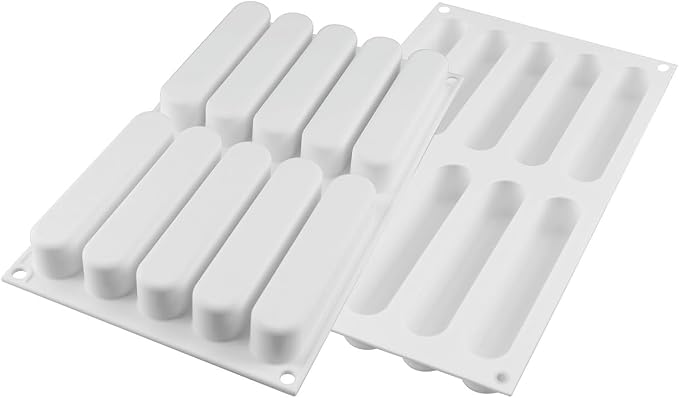 Silikomart FASHION ECLAIR 80 Silicone Mold – 10 Cavities – 5 1/8" x 1" x 1" – Includes Plastic Cutter & 10 Mini Trays – Perfect for Eclairs and Pastry Creations by Silikomart