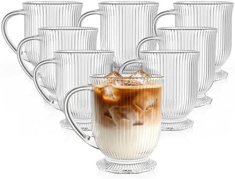 KEMORELA Glass Coffee Mugs Set of 8, Ribbed Large Coffee Mug 16 Oz With Handles for Hot Beverages, Clear Mugs for Tea, Cappuccino, Latte, Espresso Coffee, Glass Coffee Cups Large Coffee Mug by KEMORELA