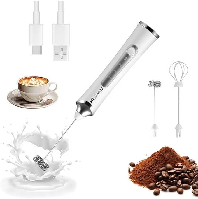 Rechargable Milk Frother, Handheld Drink Mixer with Whisk Attachment, 2025 upgraded powerfull 3 speed motor, Type C charging with charge light, with extra egg mix head (Black with Stand)