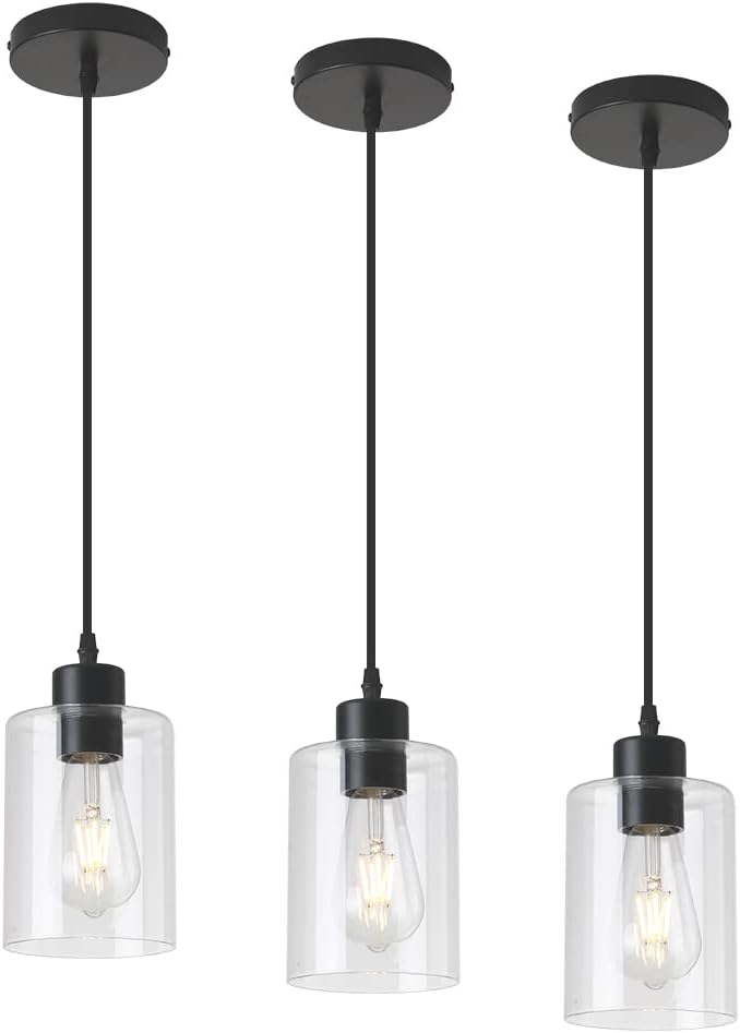 Modern Black Farmhouse Clear Glass Cylinder Pendant Light Fixture,Mini Pendant Lighting for Kitchen Island Decor - 4.75 Inch Shade, 2-58 Inch Cord (Black 3 Pack) by KLSSLighting