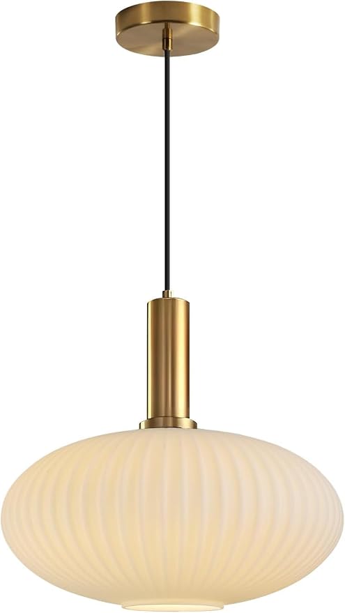 KCO Mid Century Modern Gold 12” Large White Milk Ribbed Glass Pendant Light | E26 Base, Adjustable Height, Lantern Shade Vintage Brass Hanging Light for Sloped Ceiling Kitchen Island Sink Dining Room Bar by KCOLighting