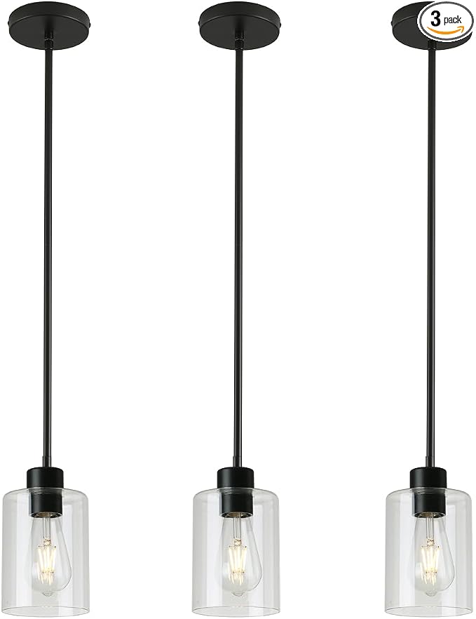 3 Pack Black Pendant Lights Kitchen Island, Modern Industrial Matte Black Hanging Light Fixtures, Adjustable Downrod Farmhouse Glass Pendant Lighting for Dining Room Bedroom Hallway Entryway by KLSSLighting