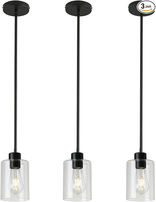 3 Pack Black Pendant Lights Kitchen Island, Modern Industrial Matte Black Hanging Light Fixtures, Adjustable Downrod Farmhouse Glass Pendant Lighting for Dining Room Bedroom Hallway Entryway by KLSSLighting