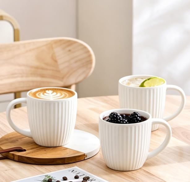 Ceramic Coffee Mug Set of 4,14 oz Vertical Striped Texture Tea Cups | White Porcelain Mugs with Handle for Latte, Cappuccino, Milk, Microwave & Dishwasher Safe, Wedding & Housewarming Gift - Image 8