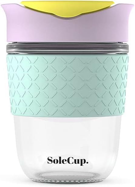 Reusable Strengthened Glass Travel Cup - Spill Proof Insulated Coffee Mug - 12oz/340ml BPA-Free Hot Drink Travel Mug with Lid & Silicone Band (Ice Cream, 12oz)