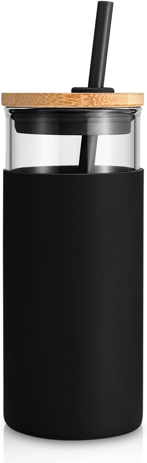 Tronco 20 oz Glass Tumbler with Lid and Straw, Iced Coffee Cup and Smoothie Cup with Bamboo Lids & Protective Silicone Sleeve, Dishwasher Safe, BPA-Free, Glass Cup 1 Pack