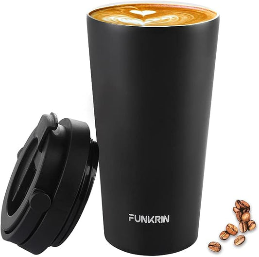 Funkrin Insulated Coffee Mug with Ceramic Coating, 16oz Iced Coffee Tumbler Cup with Flip Lid and Handle, Double Wall Vacuum Leak-Proof Travel Mug for Office School Party Camping by Funkrin