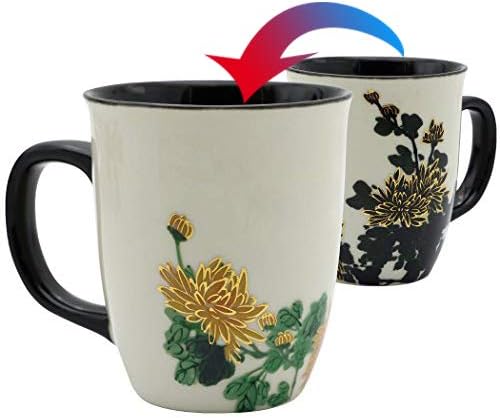 Funny Ceramic Magic Heat Color Changing Art Coffee Tea Mug Gold Chrysanthemum Printing Porcelain Mugs for Women Personalized White Green Tea Cup 16 oz Large coffee Mugs for Mom Girl Grandma by Asmwo