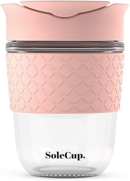 Reusable Strengthened Glass Travel Cup - Spill Proof Insulated Coffee Mug - 12oz/340ml BPA-Free Hot Drink Travel Mug with Lid & Silicone Band (Pink, 12oz)