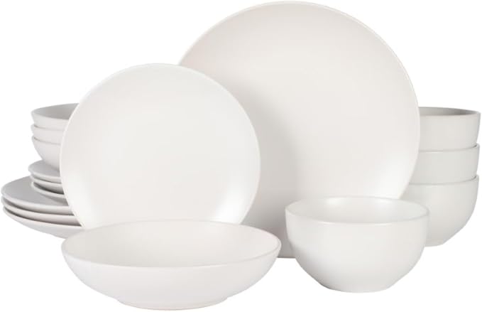 Gibson Home Queenslane 16 Piece Plates and Bowls Dishes Stoneware Ceramic Dinnerware Sets - Matte White by GibsonHomewares