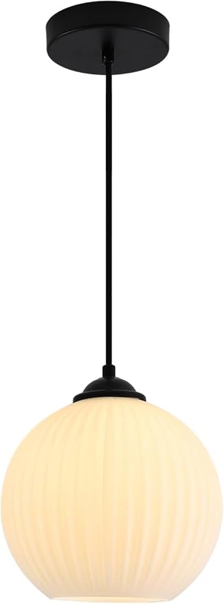 KCO Lighting Mid Century Modern Black 7.9” White Milk Glass Pendant Light | E26 Hardwired Adjustable Cord for Sloped Ceilings Farmhouse Vintage Ribbed Glass Hanging Light for kitchen island Dining Room by KCOLighting