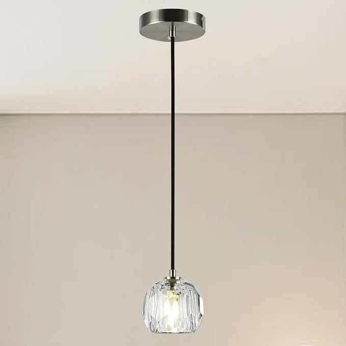 Brushed Nickel Pendant Light, Small Island Pendant Light Fixture for Kitchen, Modern Prism Crystal Single Pendant Hanging Light for Dining Room Bar by Cameena