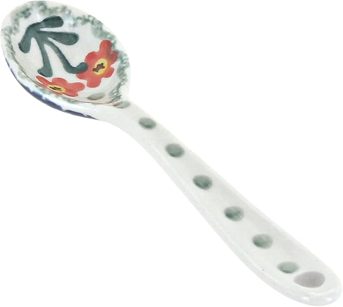 Blue Rose Polish Pottery - Orange Peach Posy Sugar Spoon - 5.25" Long - Ceramic Teaspoon for Coffee, Tea, Sugar & Condiments