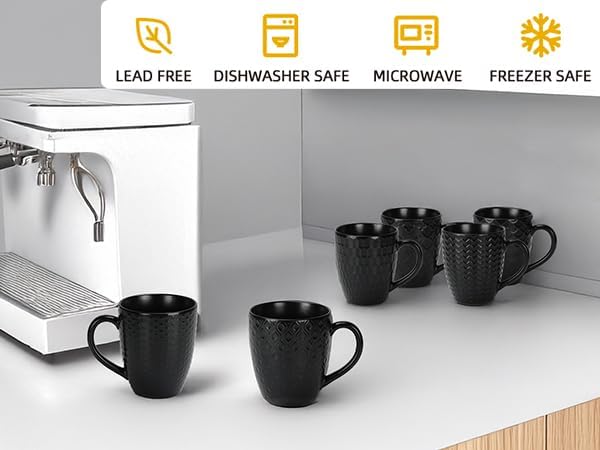 Schliersee 16 OZ Black Coffee Mugs Set of 6, Geometric Pattern Ceramic Coffee Mug Cups for Latte, Tea, Cappuccino, Mocha, Cocoa, Espresso cups - Image 8