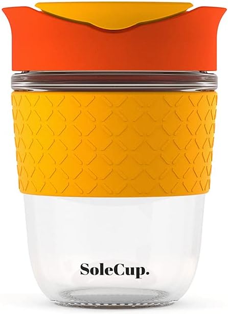 Reusable Strengthened Glass Travel Cup - Spill Proof Insulated Coffee Mug - 12oz/340ml BPA-Free Hot Drink Travel Mug with Lid & Silicone Band (Red, 12oz)