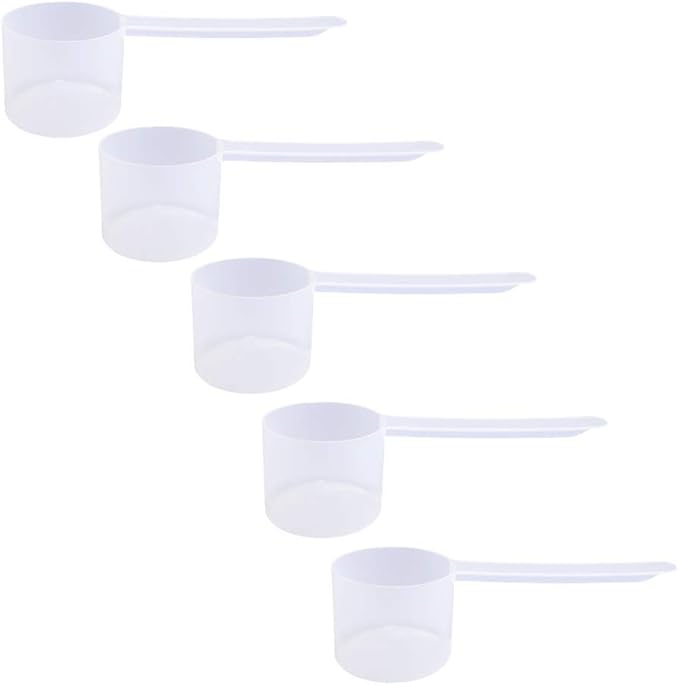Plastic Measuring Scoop, 4 Tablespoon (60 cc | 1/4 Cup | 2 oz. | 60 mL) Long Handle Spoons for Powders, Granules, Coffee, Pet Food, Baking Supplies, Protein and Other Dry Goods, BPA Free (Set of 5)