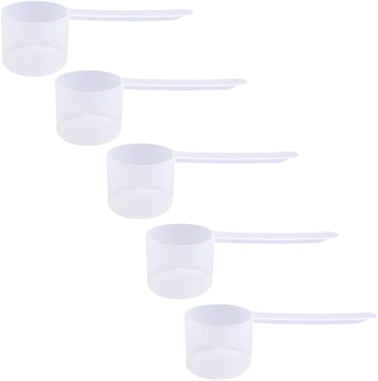 Plastic Measuring Scoop, 4 Tablespoon (60 cc | 1/4 Cup | 2 oz. | 60 mL) Long Handle Spoons for Powders, Granules, Coffee, Pet Food, Baking Supplies, Protein and Other Dry Goods, BPA Free (Set of 5)
