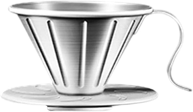304 Stainless Steel Coffee Dripper with Holder, Reusable Pour Over Filter Cup for Mugs and Jugs, Ergonomic Handle, Food-Grade Safe, Dishwasher Friendly, Silver