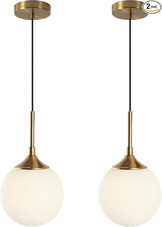 KCO Lighting 7” Small Milk Glass Pendant Light Gold Globe Kitchen Pendant Lights Vintage White Glass Hanging Light Fixture Mid Century Modern Dining Room Ceiling Light Fixture (2 Pack) by KCOLighting
