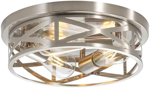 Brushed Nickel Cage Ceiling Light Fixtures,13 Inch Indoor Close to Ceiling Lights, 3-Light Round Vintage Metal Flush Mount Ceiling Lights for Bedroom, Living Room, Porch Kitchen by Wyneyet