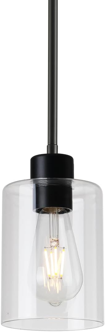 Black Pendant Lights Kitchen Island,Modern Farmhouse Glass Pendant Light,Light Fixture Kitchen Pendant Mini Hanging Light Fixture for Sink (1 Pack Black stem Rod) by KLSSLighting