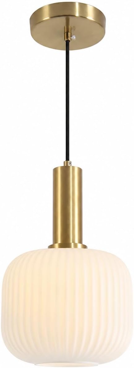 KCO Lighting Vintage Brass Gold 7.9” White Milk Ribbed Glass Pendant Light | E26 Base, Adjustable Cord for Sloped Ceilings, Mid Century Modern Hanging Light Fixture for Kitchen Island Dining Living Room by KCOLighting